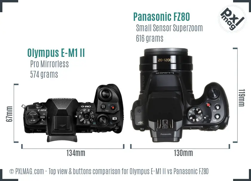 Olympus E-M1 II vs Panasonic FZ80 top view buttons comparison