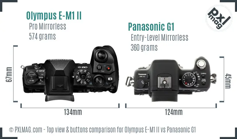 Olympus E-M1 II vs Panasonic G1 top view buttons comparison