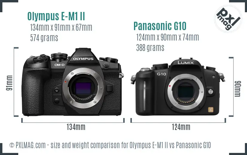 Olympus E-M1 II vs Panasonic G10 size comparison