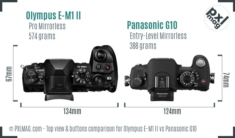 Olympus E-M1 II vs Panasonic G10 top view buttons comparison