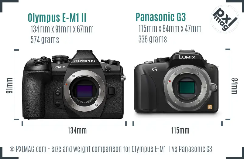 Olympus E-M1 II vs Panasonic G3 size comparison