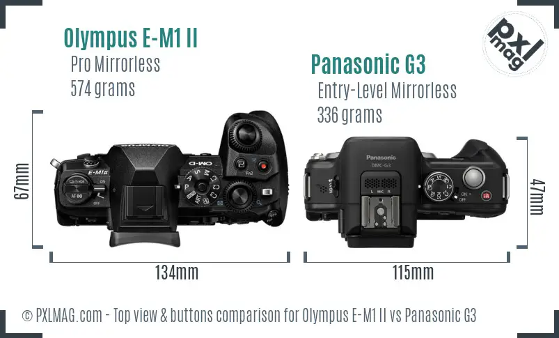 Olympus E-M1 II vs Panasonic G3 top view buttons comparison