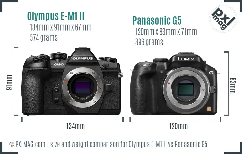 Olympus E-M1 II vs Panasonic G5 size comparison