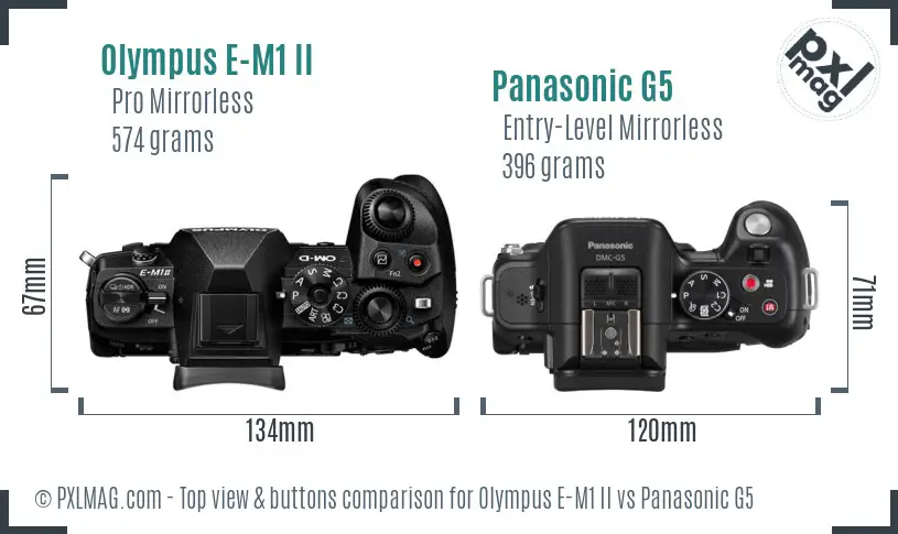 Olympus E-M1 II vs Panasonic G5 top view buttons comparison