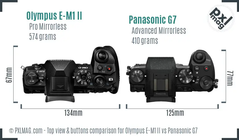 Olympus E-M1 II vs Panasonic G7 top view buttons comparison