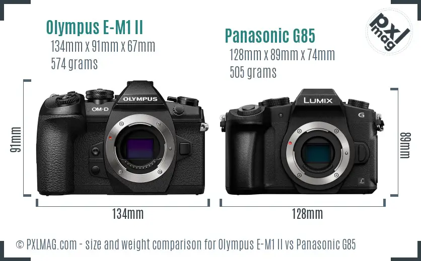 Olympus E-M1 II vs Panasonic G85 size comparison