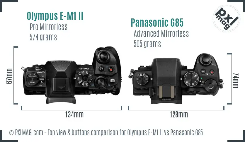 Olympus E-M1 II vs Panasonic G85 top view buttons comparison