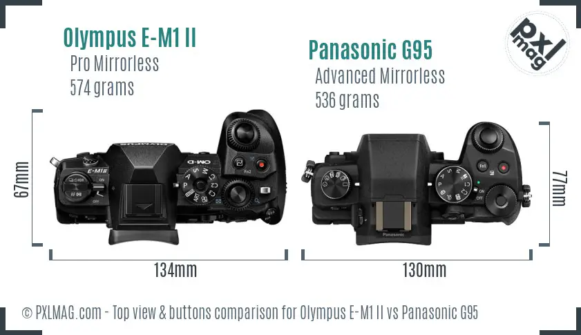 Olympus E-M1 II vs Panasonic G95 top view buttons comparison