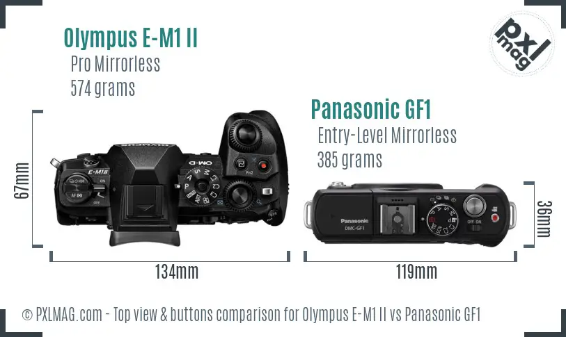 Olympus E-M1 II vs Panasonic GF1 top view buttons comparison