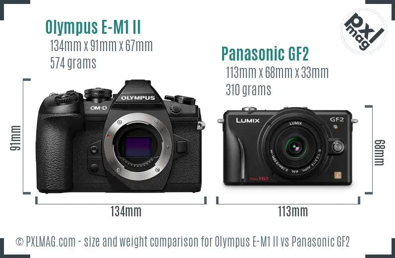Olympus E-M1 II vs Panasonic GF2 size comparison