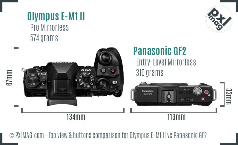 Olympus E-M1 II vs Panasonic GF2 top view buttons comparison