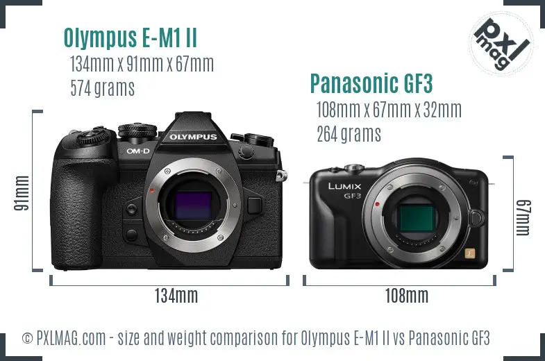 Olympus E-M1 II vs Panasonic GF3 size comparison