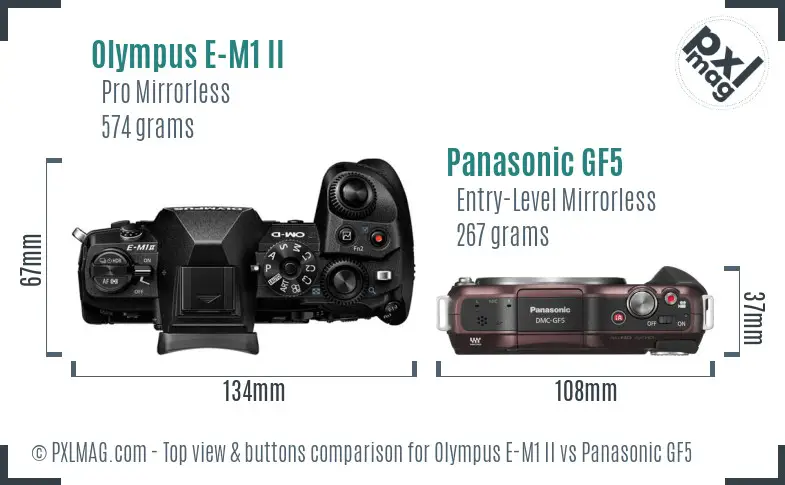 Olympus E-M1 II vs Panasonic GF5 top view buttons comparison