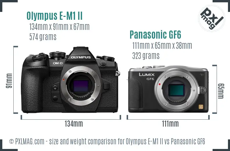 Olympus E-M1 II vs Panasonic GF6 size comparison