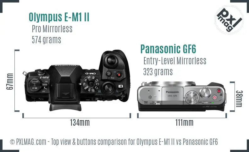 Olympus E-M1 II vs Panasonic GF6 top view buttons comparison