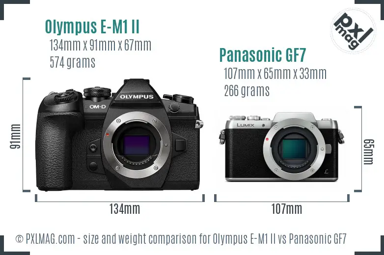 Olympus E-M1 II vs Panasonic GF7 size comparison