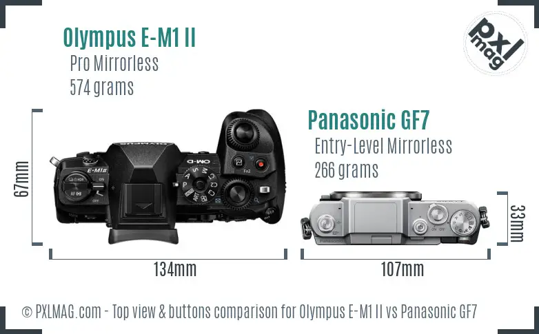 Olympus E-M1 II vs Panasonic GF7 top view buttons comparison