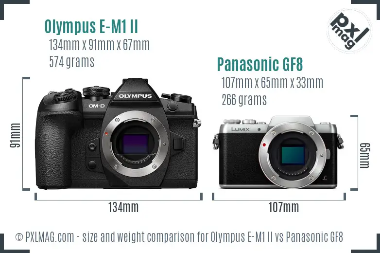 Olympus E-M1 II vs Panasonic GF8 size comparison