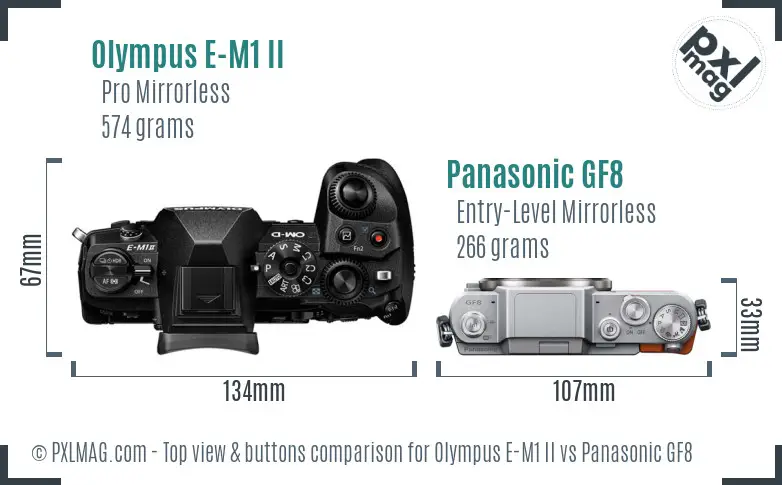 Olympus E-M1 II vs Panasonic GF8 top view buttons comparison