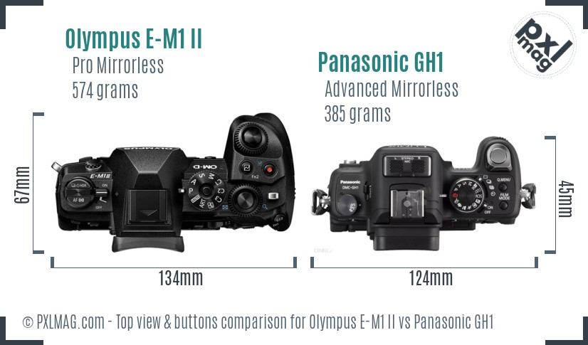 Olympus E-M1 II vs Panasonic GH1 top view buttons comparison