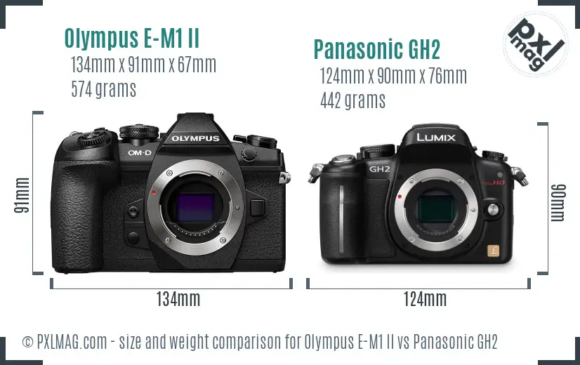 Olympus E-M1 II vs Panasonic GH2 size comparison
