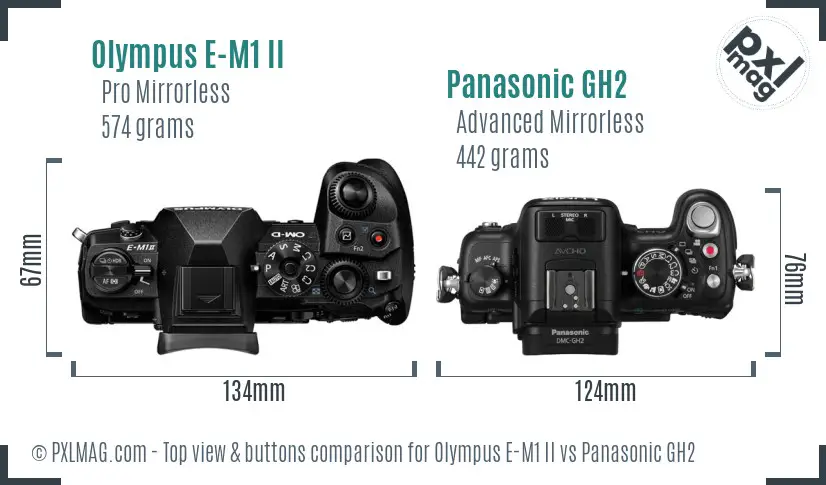 Olympus E-M1 II vs Panasonic GH2 top view buttons comparison