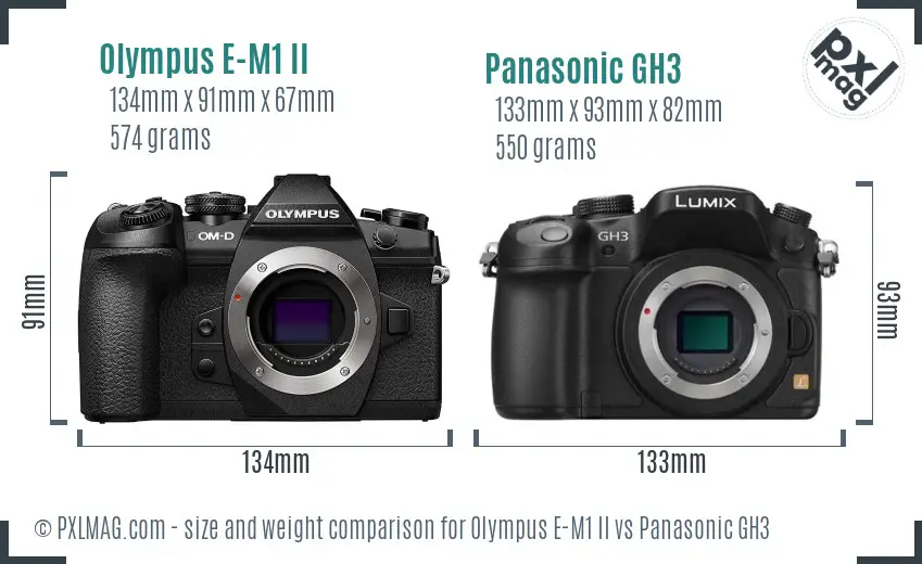 Olympus E-M1 II vs Panasonic GH3 size comparison