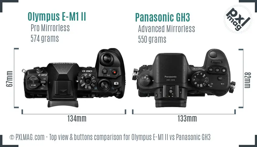 Olympus E-M1 II vs Panasonic GH3 top view buttons comparison