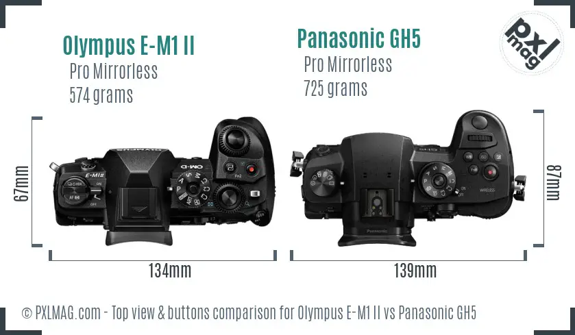 Olympus E-M1 II vs Panasonic GH5 top view buttons comparison