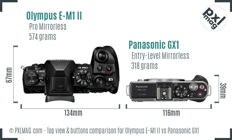 Olympus E-M1 II vs Panasonic GX1 top view buttons comparison