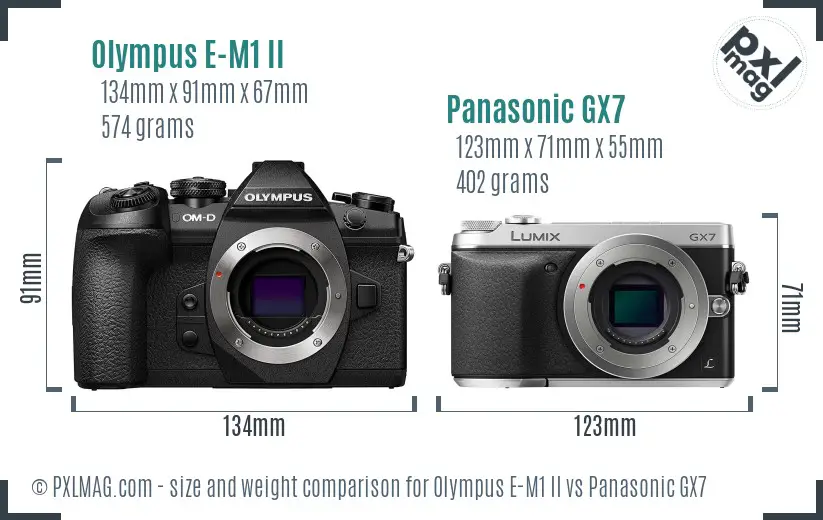 Olympus E-M1 II vs Panasonic GX7 size comparison Olympus E-M1 II vs Panasonic GX7 size comparison