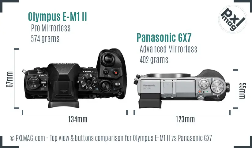 Olympus E-M1 II vs Panasonic GX7 top view buttons comparison