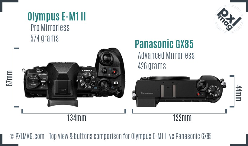 Olympus E-M1 II vs Panasonic GX85 top view buttons comparison