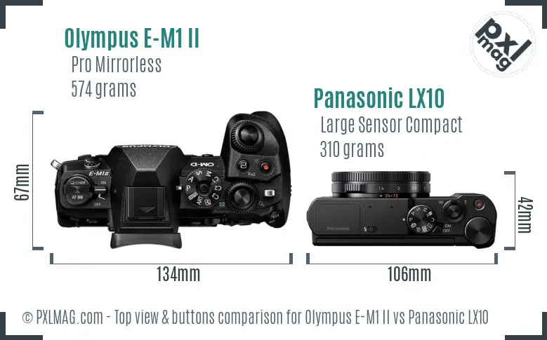 Olympus E-M1 II vs Panasonic LX10 top view buttons comparison