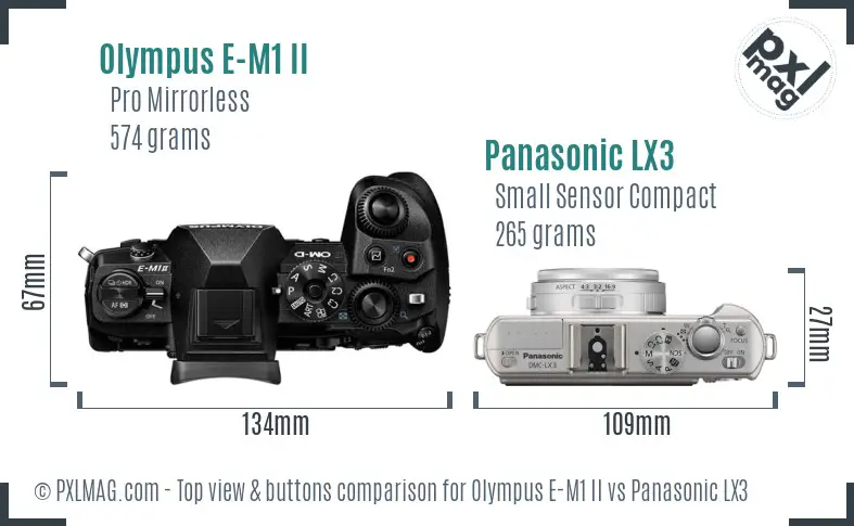 Olympus E-M1 II vs Panasonic LX3 top view buttons comparison