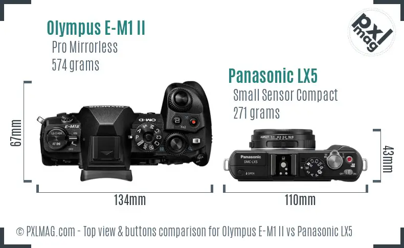 Olympus E-M1 II vs Panasonic LX5 top view buttons comparison