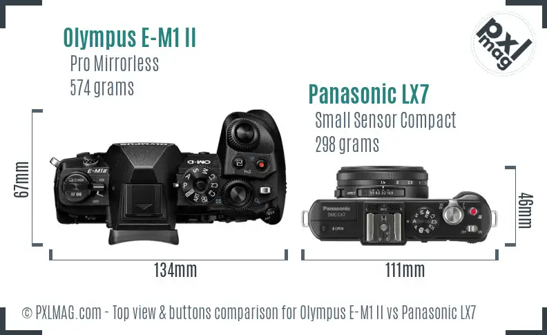 Olympus E-M1 II vs Panasonic LX7 top view buttons comparison