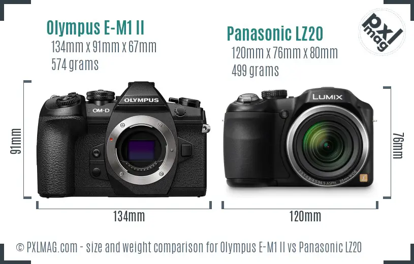 Olympus E-M1 II vs Panasonic LZ20 size comparison