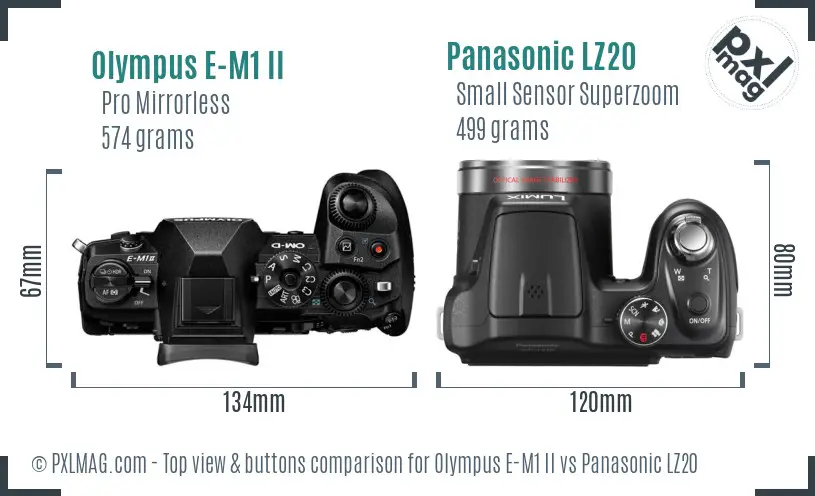 Olympus E-M1 II vs Panasonic LZ20 top view buttons comparison