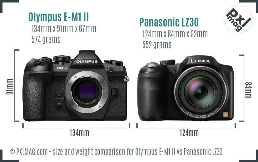 Olympus E-M1 II vs Panasonic LZ30 size comparison
