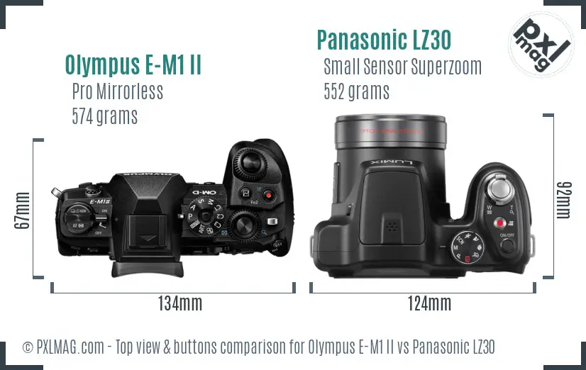 Olympus E-M1 II vs Panasonic LZ30 top view buttons comparison