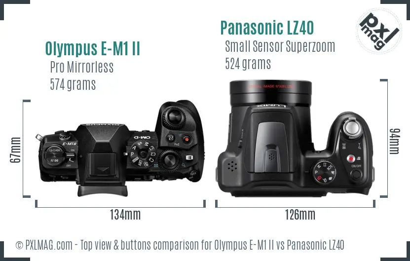 Olympus E-M1 II vs Panasonic LZ40 top view buttons comparison