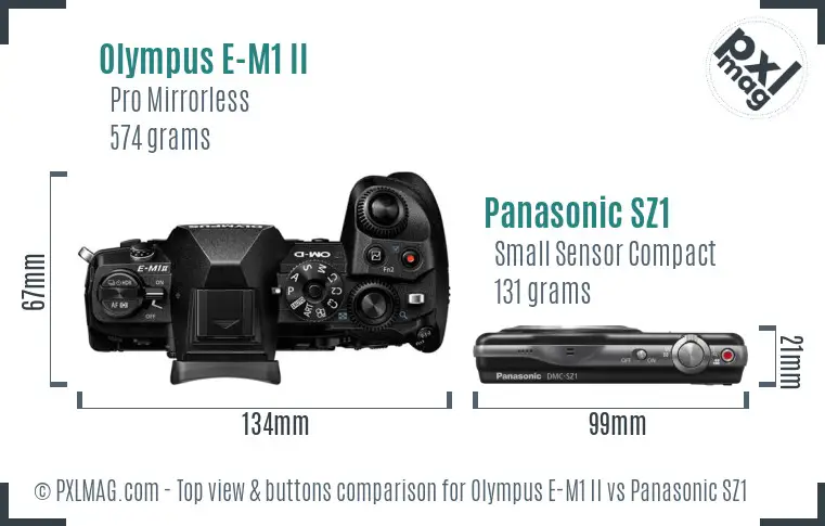 Olympus E-M1 II vs Panasonic SZ1 top view buttons comparison