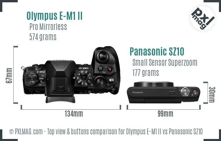 Olympus E-M1 II vs Panasonic SZ10 top view buttons comparison