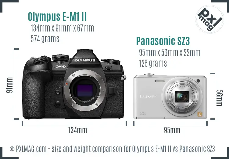 Olympus E-M1 II vs Panasonic SZ3 size comparison