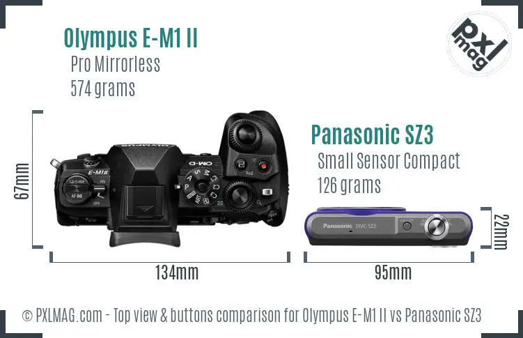 Olympus E-M1 II vs Panasonic SZ3 top view buttons comparison