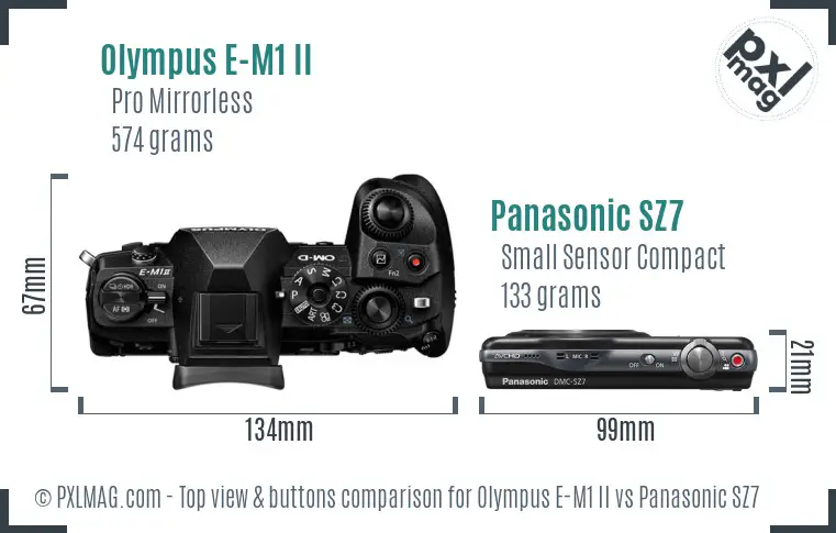 Olympus E-M1 II vs Panasonic SZ7 top view buttons comparison