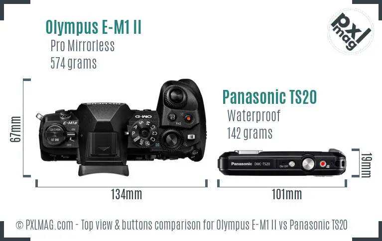 Olympus E-M1 II vs Panasonic TS20 top view buttons comparison