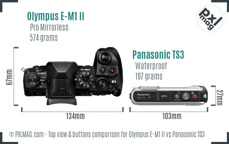 Olympus E-M1 II vs Panasonic TS3 top view buttons comparison