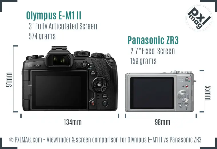 Olympus E-M1 II vs Panasonic ZR3 Screen and Viewfinder comparison